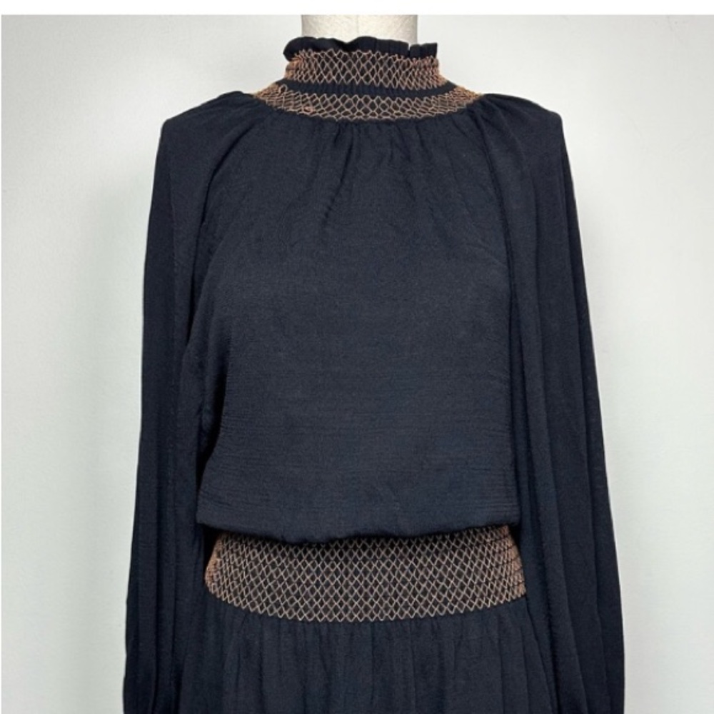 ZARA • High Collar Smocked Black Midi Dress - Picture 5 of 10